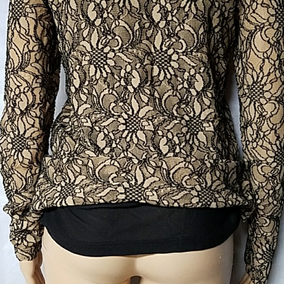 Chicos Beige Black Floral Net Lace Overlay Blouse - Picture 3 of 8